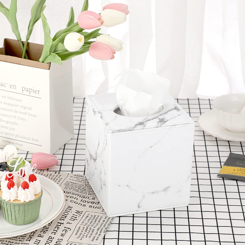 Sumnacon Square Leather Tissue Box Cover - Stylish Cube Tissue Box Holder with Magnetic Bottom, Decorative PU Tissue Box for Vanity Dresser Night Stand Table Countertop Home Office Car, Marble White - Image 5